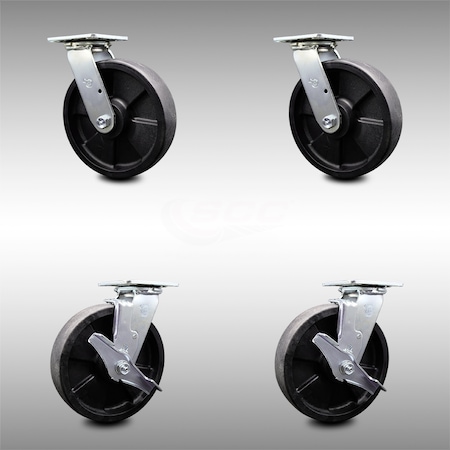 8 Inch SS Glass Filled Nylon Swivel Caster Set With Roller Bearings 2 Brakes SCC